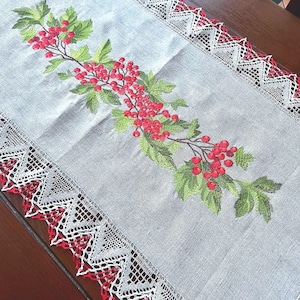 Embroidered Linen Table Runner with Kalyna (Viburnum) Motif and Hand Crochet Lace, Folk Inspired Table Decor