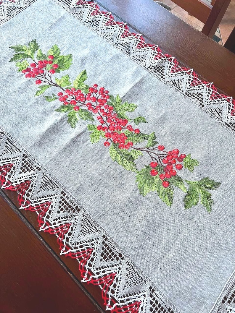 Embroidered Linen Table Runner with Kalyna (Viburnum) Motif and Hand Crochet Lace, Folk Inspired Table Decor