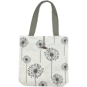 Linen tote bag with dandelion print and wooden button