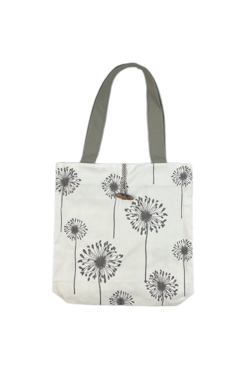 Linen tote bag with dandelion print and wooden button