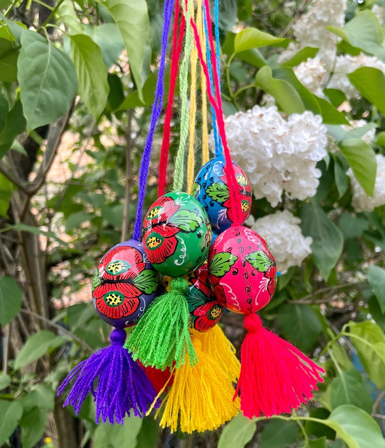 Hand painted wooden Easter egg ornaments with tassels