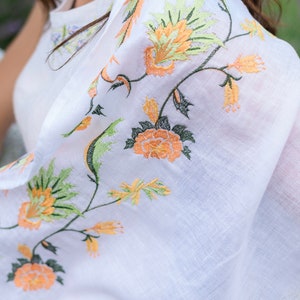 Linen Shawl with Floral Embroidery – White Embroidered Scarf with Peach Flowers, Folk Botanical Wrap