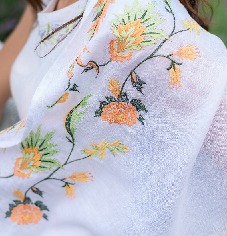 Linen Shawl with Floral Embroidery – White Embroidered Scarf with Peach Flowers, Folk Botanical Wrap