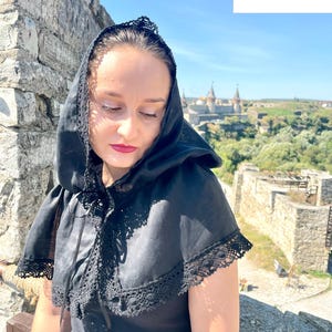 Black chapel veil mantilla snood with crochet lace trim, Modest head covering for orthodox church, Catholic mass, Funeral or prayer shawl
