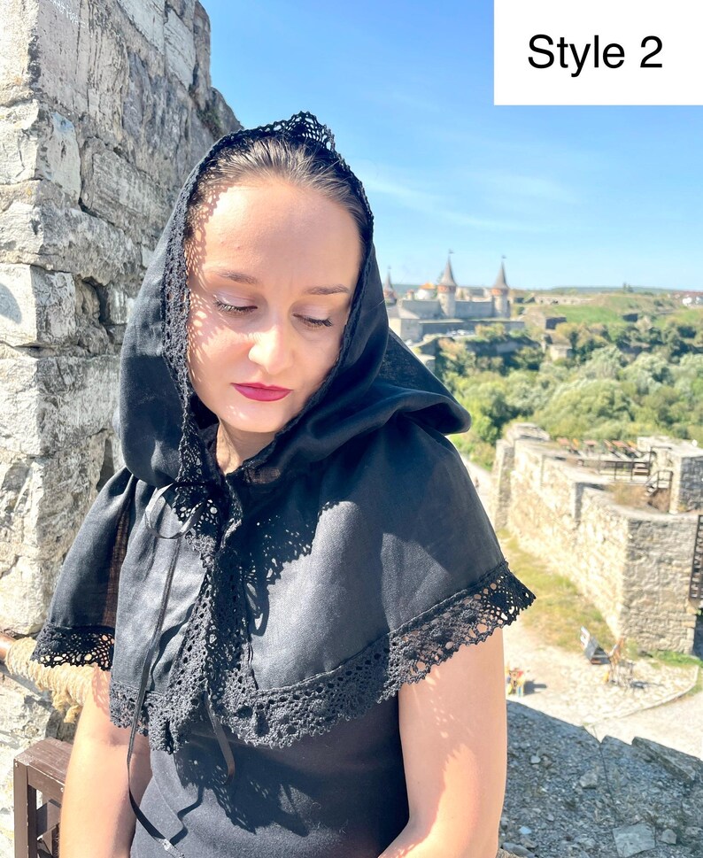 Black chapel veil mantilla snood with crochet lace trim, Modest head covering for orthodox church, Catholic mass, Funeral or prayer shawl