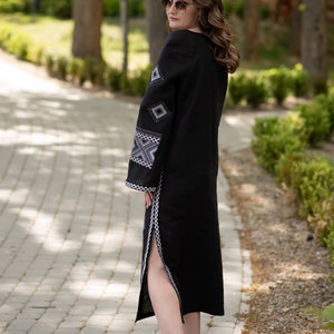 Black Embroidered Linen Dress, Ukrainian Vyshyvanka Maxi Dress, Boho Ethnic Long Dress with Belt, Folk Style vyshyvanka