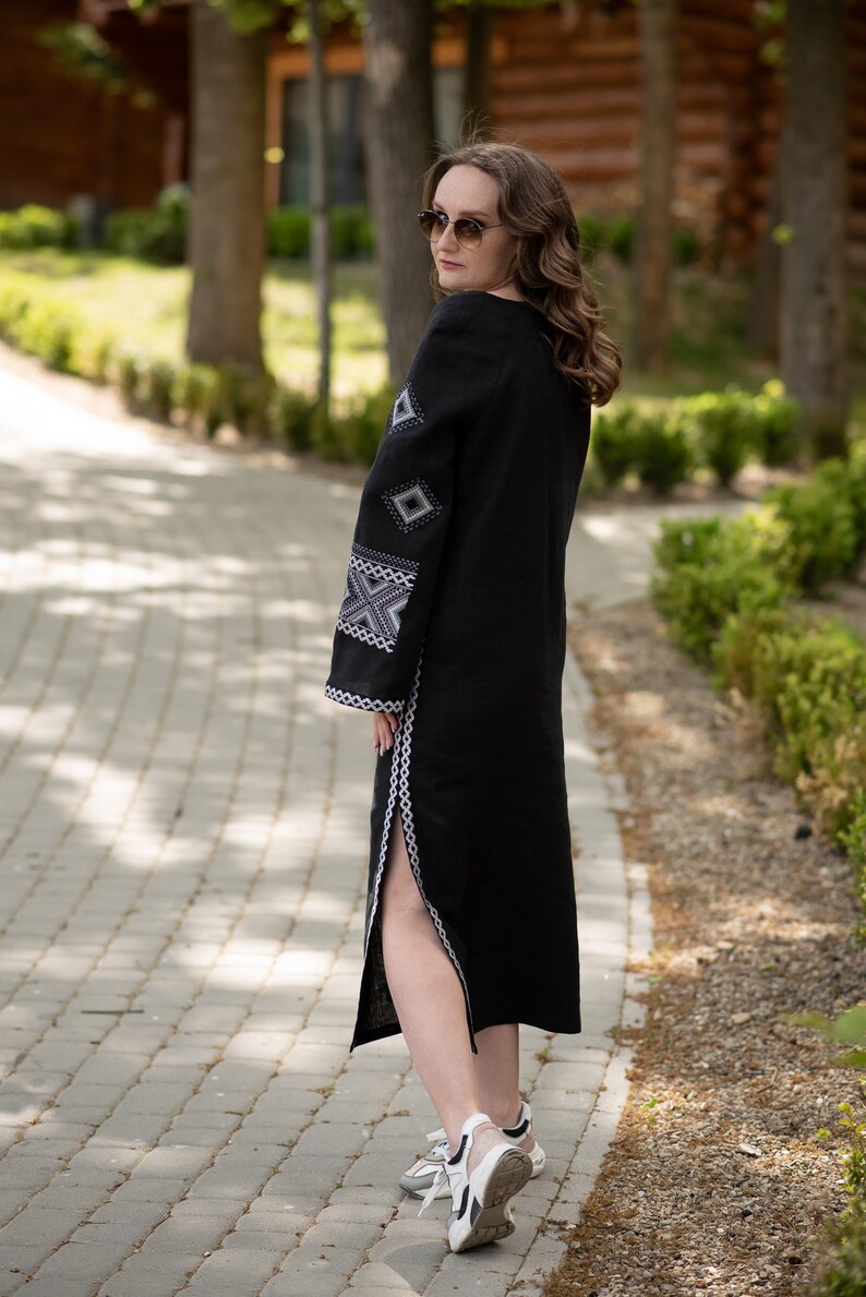 Black Embroidered Linen Dress, Ukrainian Vyshyvanka Maxi Dress, Boho Ethnic Long Dress with Belt, Folk Style vyshyvanka