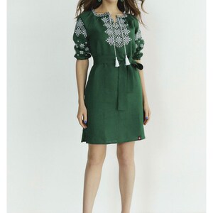 Green Linen Embroidered Dress for Women. Ukrainian Vyshyvanka Dress with White Geometric Folk Embroidery. Blue linen ukrainian dress with belt and mid-thigh length.