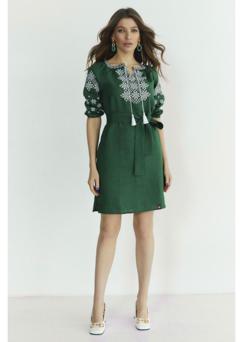 Green Linen Embroidered Dress for Women. Ukrainian Vyshyvanka Dress with White Geometric Folk Embroidery. Blue linen ukrainian dress with belt and mid-thigh length.