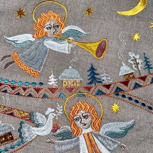 Embroidered Christmas stocking with angels folk nativity design, Fabric holiday stocking with traditional pattern, Festive home decor