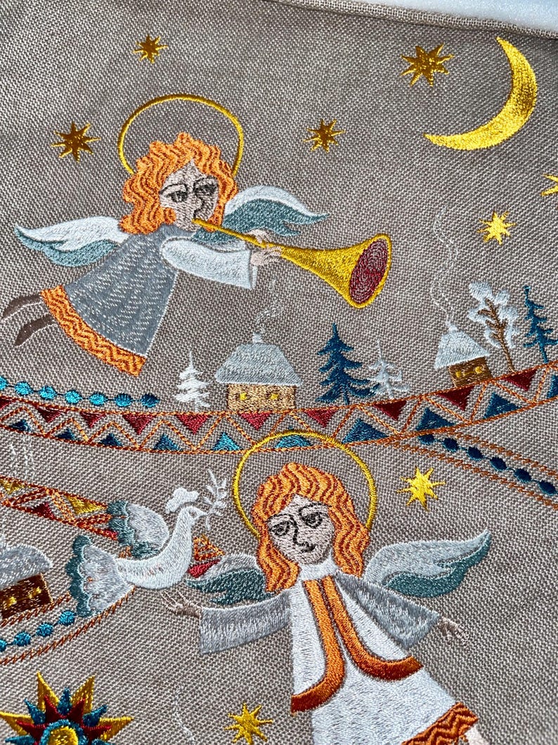 Embroidered Christmas stocking with angels folk nativity design, Fabric holiday stocking with traditional pattern, Festive home decor