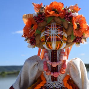 Handmade ukrainian motanka doll in traditional costume, Slavic folk rag art with floral wreath, Harvest pumpkin accessory, Home decor gift