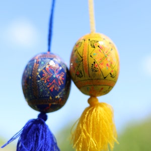 Hand-painted Ukrainian pysanka Easter egg ornaments with tassels