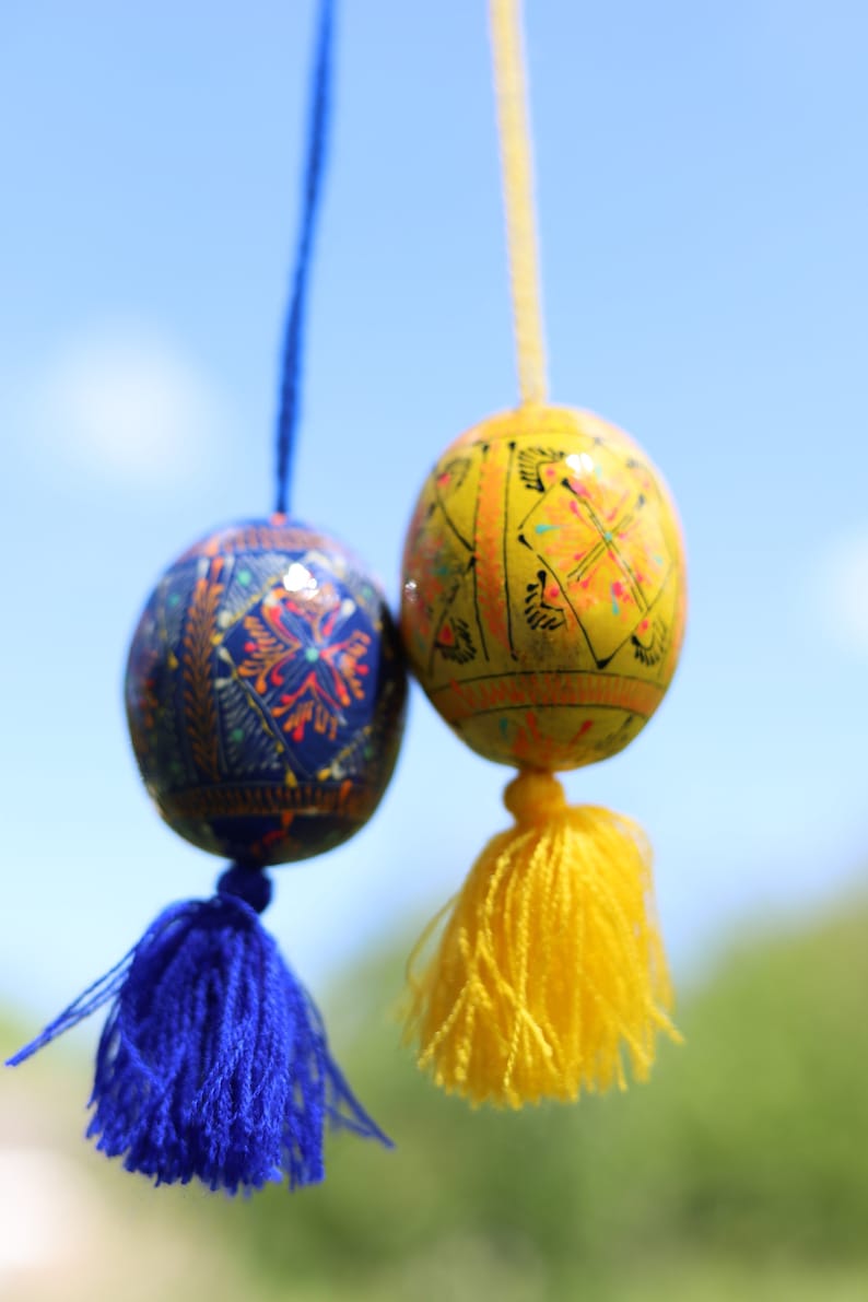 Hand-painted Ukrainian pysanka Easter egg ornaments with tassels