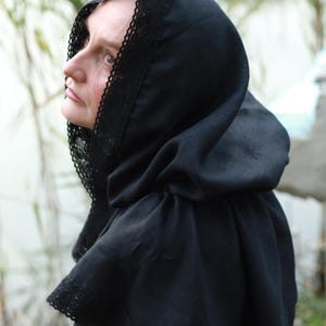 Black linen hooded capelet with lace trim, Victorian cottagecore hood shawl, Modest head covering, Renaissance costume cloak wrap