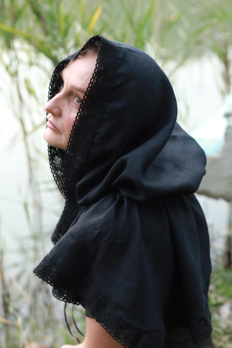 Black linen hooded capelet with lace trim, Victorian cottagecore hood shawl, Modest head covering, Renaissance costume cloak wrap