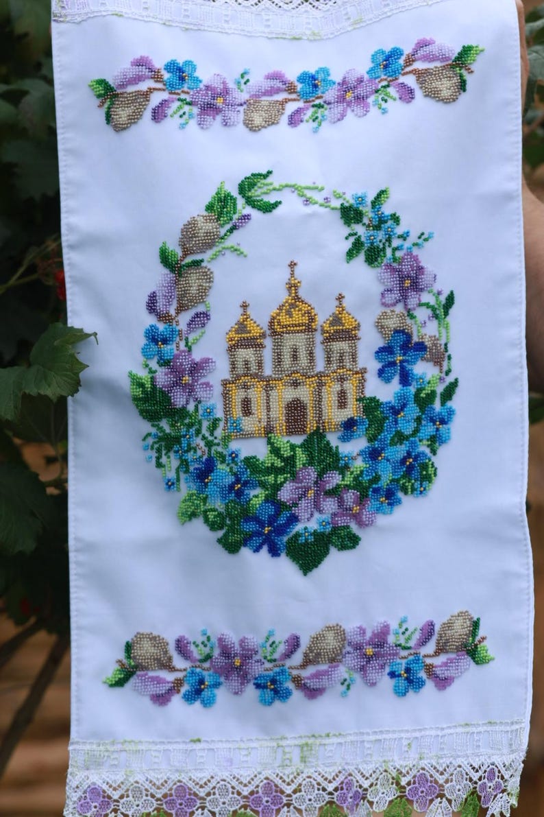 Finished Beaded Easter Towel with Church, Ukrainian Religious Embroidery, Handmade Bead Embroidery Cloth, Christian Easter Decor