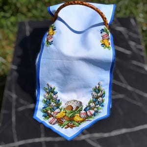 Easter table runner, Blue pascha beaded embroidery with kulich, Pysanky eggs, Pussy willows & chicks, Orthodox spring decor