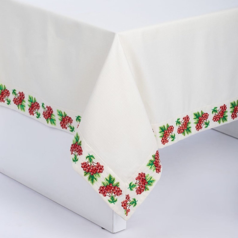Ukrainian Rushnyk with Viburnum Embroidery Traditional Kalyna Tablecloth Folk Wedding Towel Slavic Home Decor