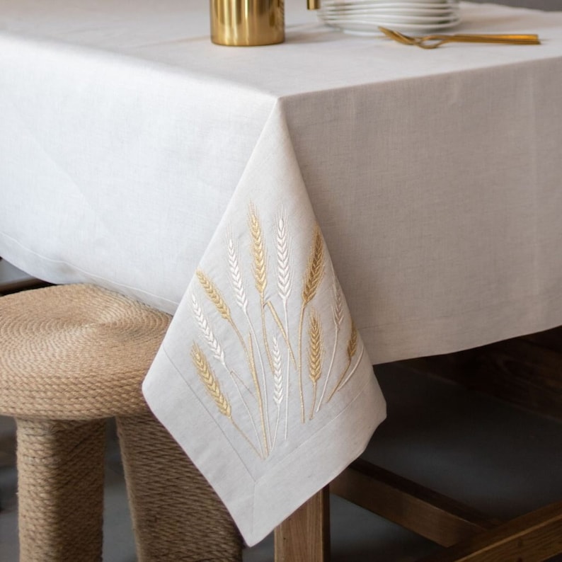 Embroidered Linen Tablecloth with Wheat Motif, Natural White Dining Table Cover, Rustic Farmhouse & Scandinavian Table Decor