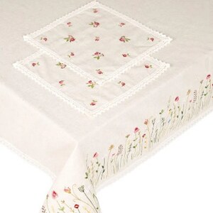 May include: Cream-colored tablecloth with embroidered floral details. Features a border of wildflowers and two matching square placemats with small pink flower embroidery and lace trim. A delicate and elegant design.