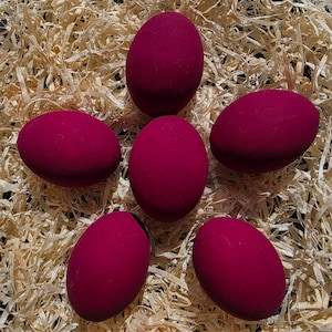 Peut inclure: Cinq œufs de forme ovale avec une finition mate magenta profond disposés en étoile. Chaque œuf présente une surface lisse et unie sans aucun motif, texture ou marque visible, créant une apparence uniforme sur l'ensemble du groupe.