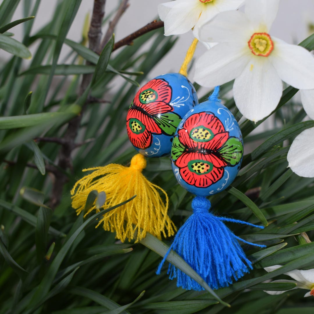 Hand Painted Wooden Easter Egg Ornaments With Tassels, Ukrainian Folk ...