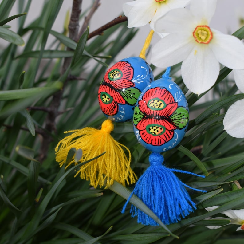 Hand painted wooden Easter egg ornaments with tassels