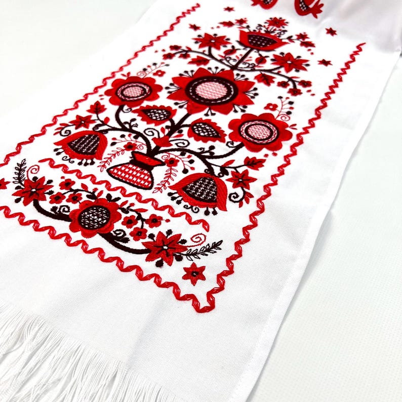 Embroidered red and white Slavic towel