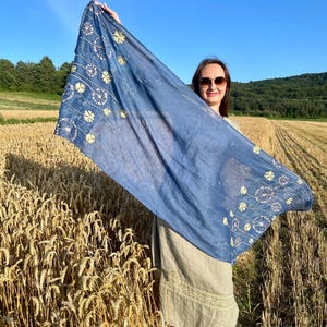 Blue linen scarf with yellow floral embroidery for women, Lightweight nature inspired shawl or head covering for spring and summer wear