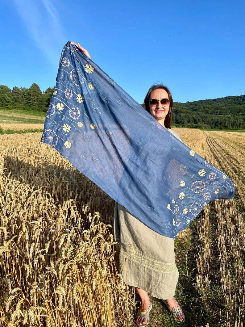 Blue linen scarf with yellow floral embroidery for women, Lightweight nature inspired shawl or head covering for spring and summer wear