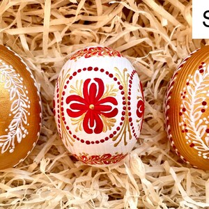 Set of 3 hand painted Easter eggs, Red gold white Ukrainian pysanky, Style decorative eggs, Gift box, Spring holiday ornament