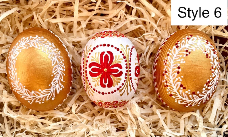 Set of 3 hand painted Easter eggs, Red gold white Ukrainian pysanky, Style decorative eggs, Gift box, Spring holiday ornament