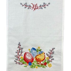 Embroidered Easter Basket Cover, White Linen Cloth with Chick and Easter Eggs, Spring Holiday Bread Basket Liner with Lace Trim