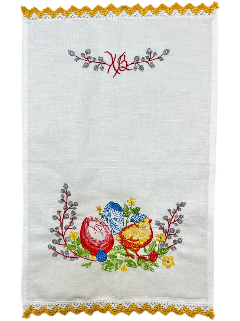 Embroidered Easter Basket Cover, White Linen Cloth with Chick and Easter Eggs, Spring Holiday Bread Basket Liner with Lace Trim
