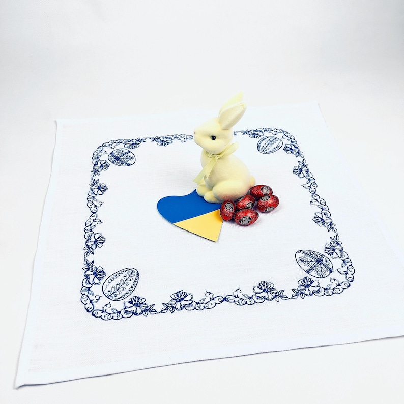Easter Embroidered Table Topper, Ukrainian Style Linen Napkin, Blue Floral Easter Decor, Spring Table Centerpiece Cloth