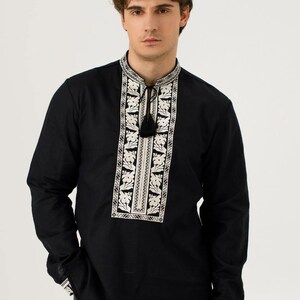 Black Ukrainian vyshyvanka for men, White embroidered linen shirt, Traditional folk shirt with tassels, Ethnic boho clothing