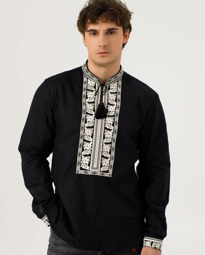Black Ukrainian vyshyvanka for men, White embroidered linen shirt, Traditional folk shirt with tassels, Ethnic boho clothing