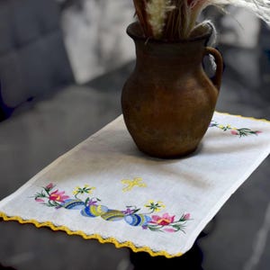 Embroidered Linen Basket Cover with Cross, Religious Home Decor, Traditional Christian Textile