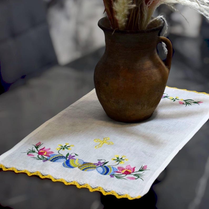 Embroidered Linen Basket Cover with Cross, Religious Home Decor, Traditional Christian Textile