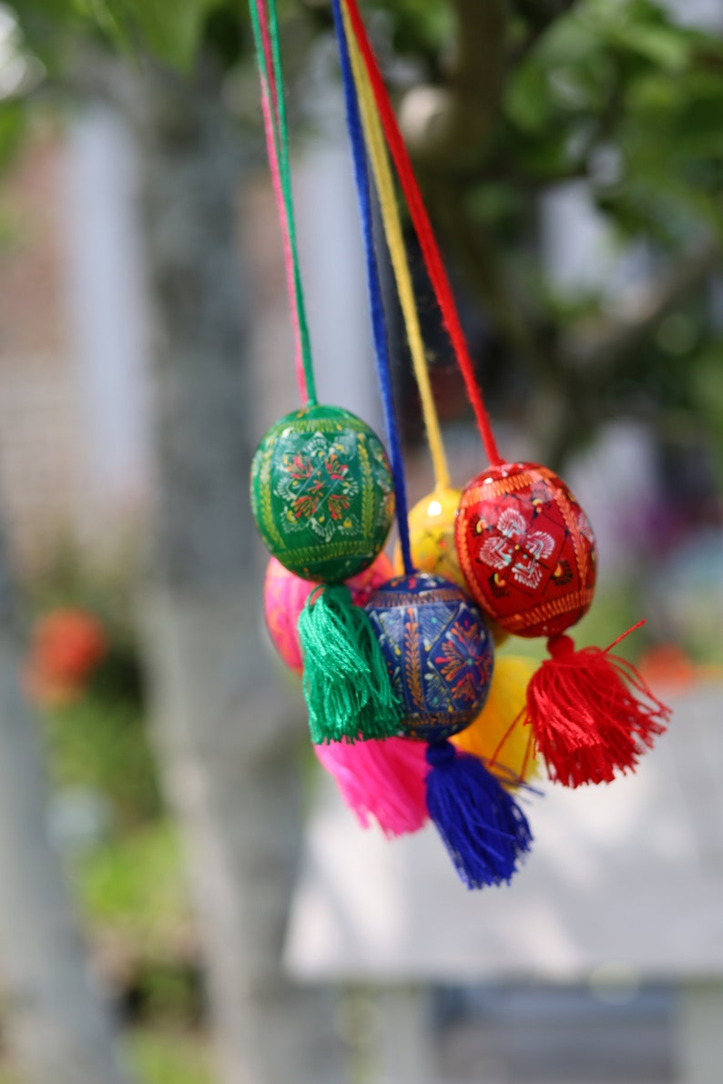 Hand-painted Ukrainian pysanka Easter egg ornaments with tassels