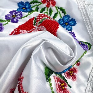 Beaded Satin Easter Basket Cover with Floral Embroidery and Red Pysanka Design, Handcrafted Christian Holiday Decor with Cyrillic Letters