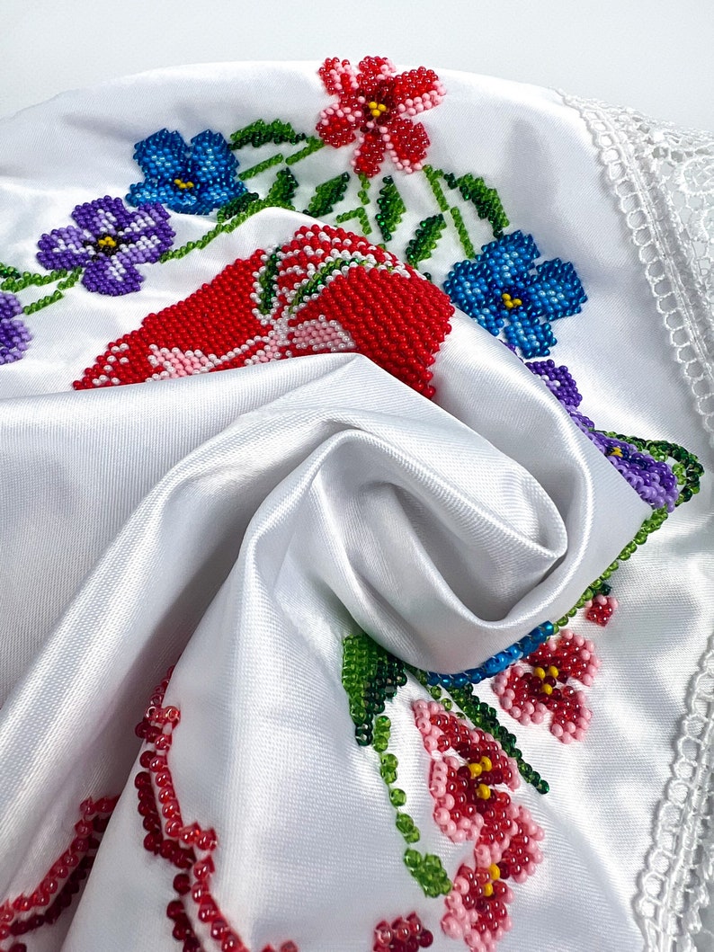 Beaded Satin Easter Basket Cover with Floral Embroidery and Red Pysanka Design, Handcrafted Christian Holiday Decor with Cyrillic Letters