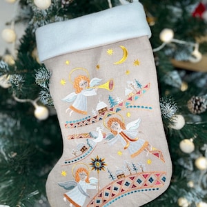 Embroidered Christmas stocking with angels folk nativity design, Fabric holiday stocking with traditional pattern, Festive home decor