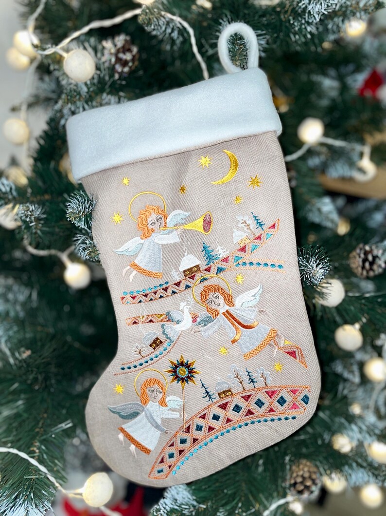 Embroidered Christmas stocking with angels folk nativity design, Fabric holiday stocking with traditional pattern, Festive home decor