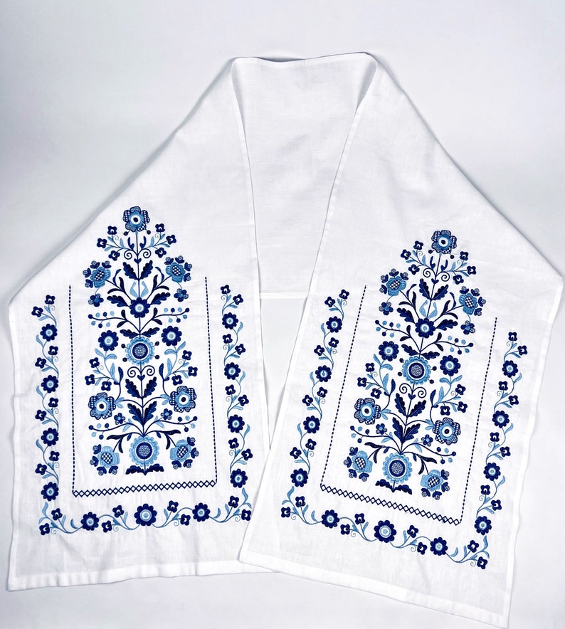 Embroidered blue and white Slavic towel