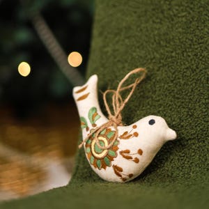 Folk bird and horse ornaments, Set of 3, Embroidered green and gold fabric decorations, Rustic Christmas tree or home decor