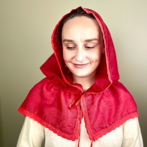 Red linen hooded scarf with lace trim, Lightweight head covering, Vintage inspired capelet
