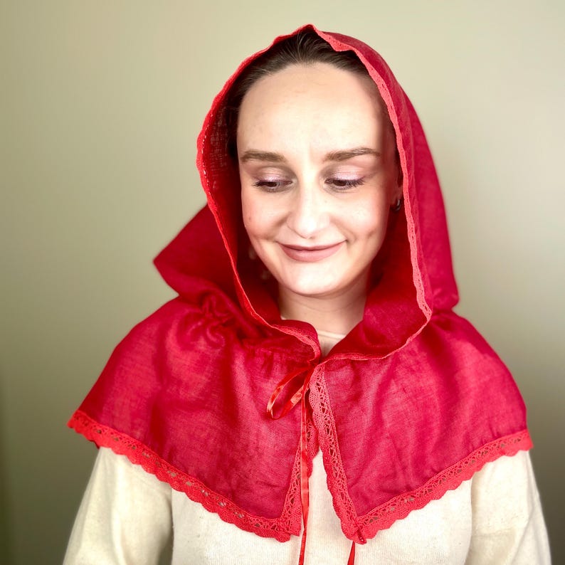 Red linen hooded scarf with lace trim, Lightweight head covering, Vintage inspired capelet