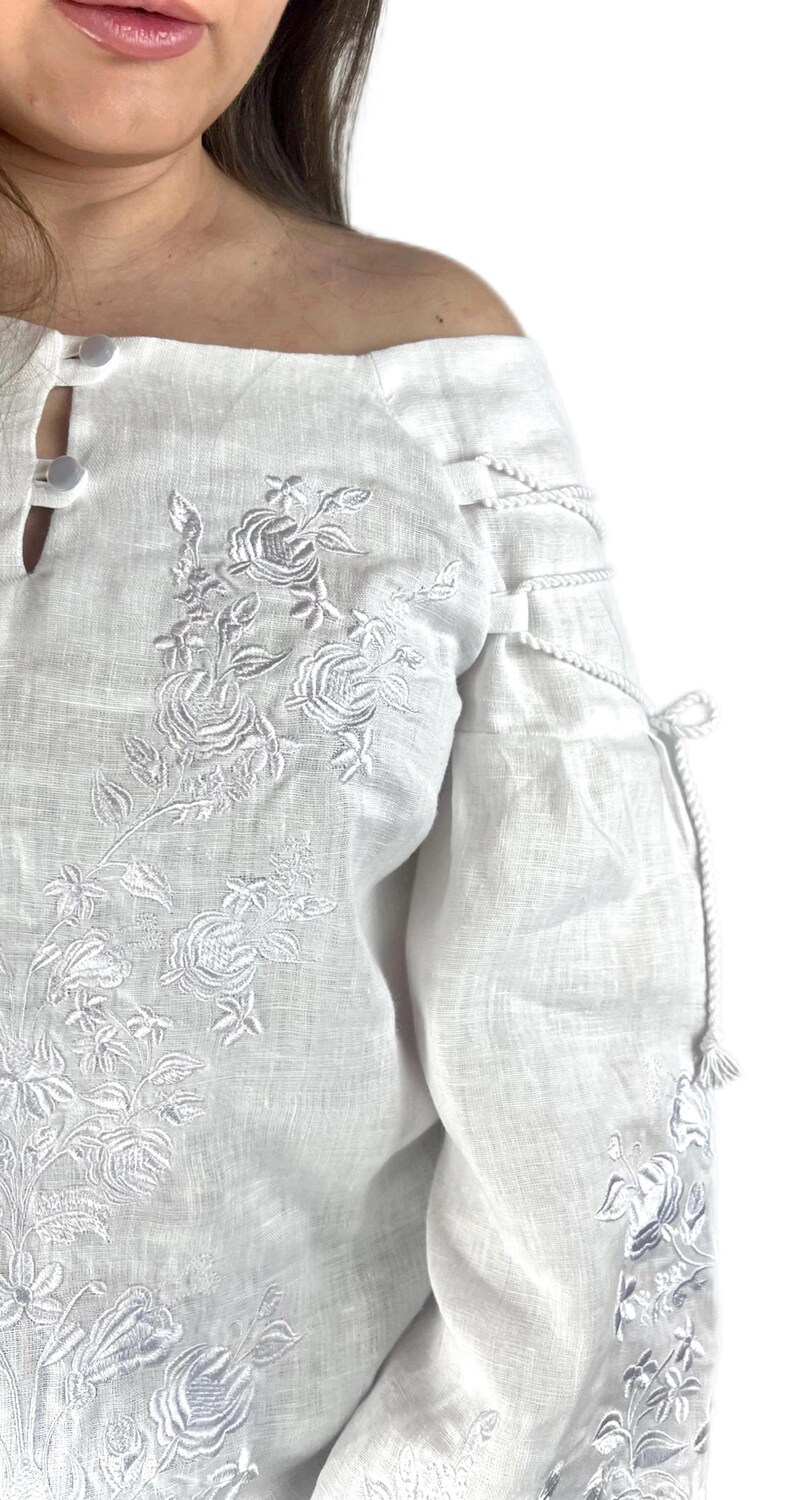 White Linen Embroidered Blouse, Ukrainian Vyshyvanka Top, Boho Off Shoulder Shirt, Floral White on White vyshyvanka